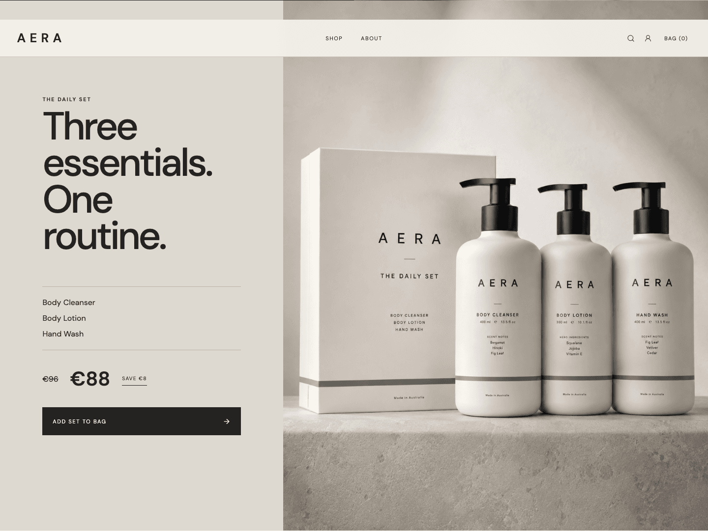 AERA Daily Set bundle with its three essentials and add-to-bag control