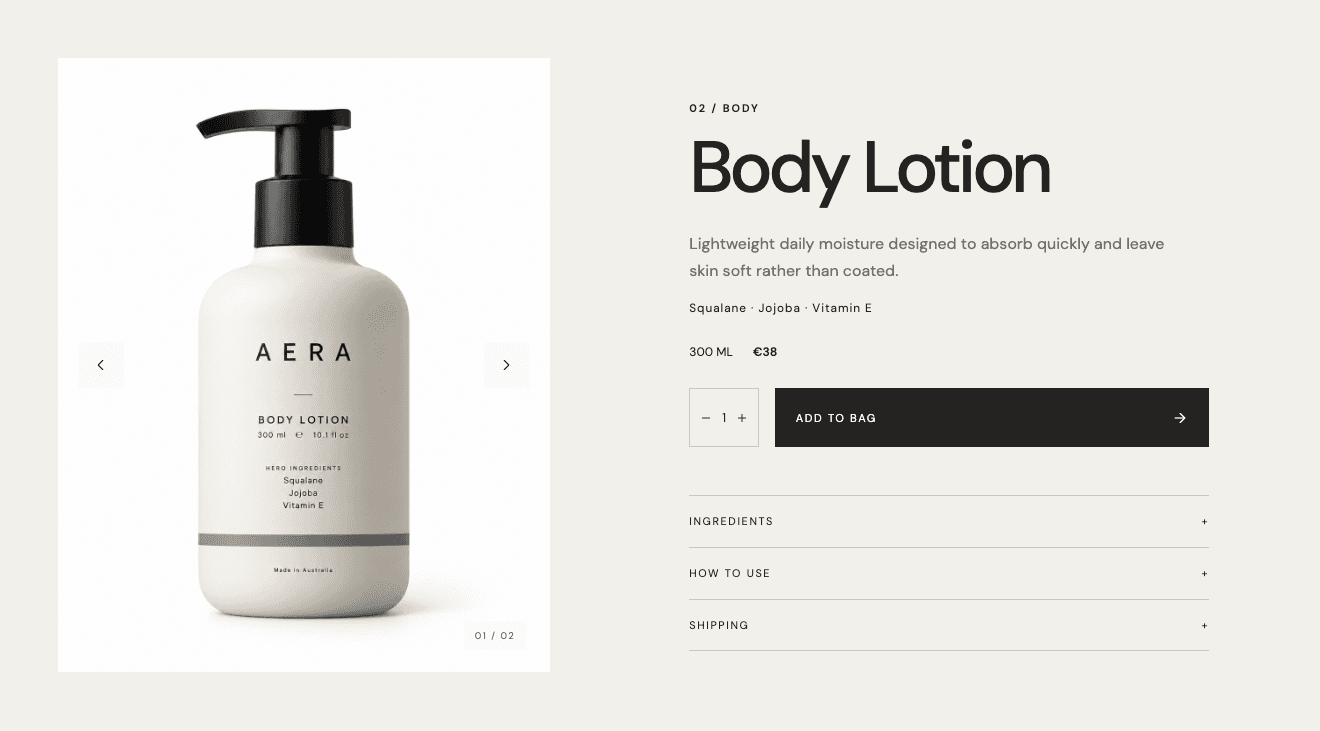 AERA Body Lotion page showing product photography and purchasing controls