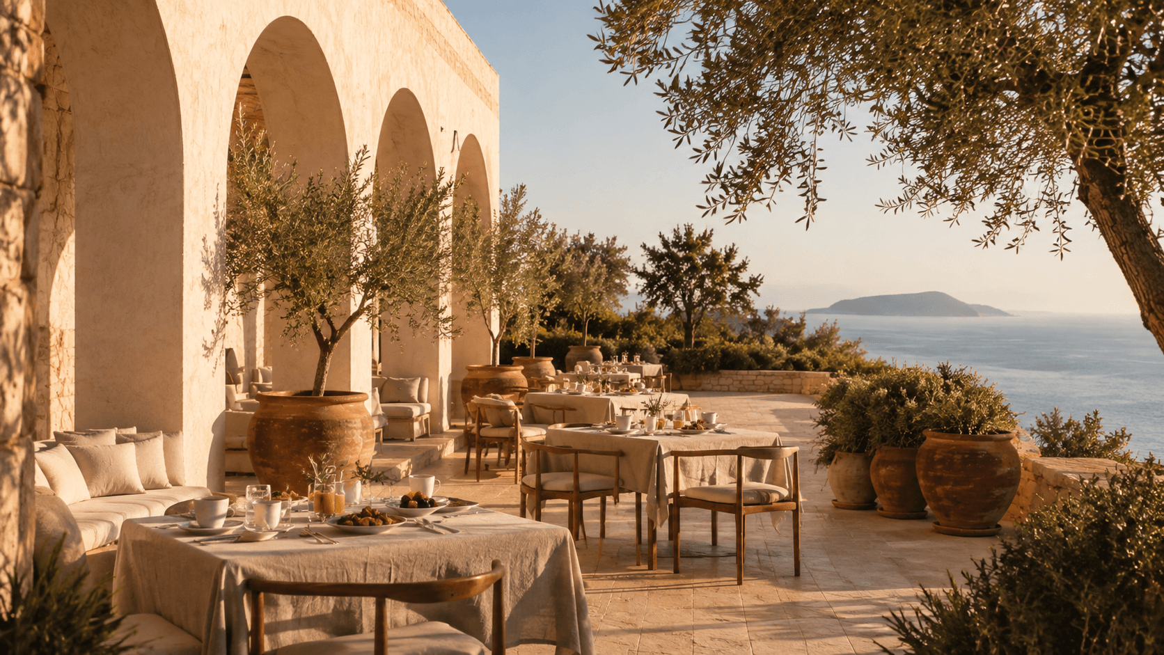 A dining terrace framed by Mediterranean arches and the coast